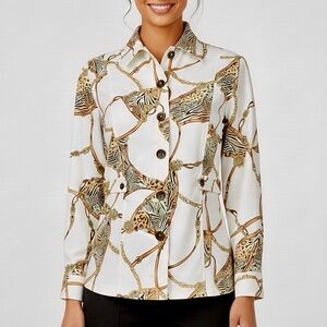 ST. JOHN Long Sleeve Shirt Jacket All-Over Belt & Chain Animal Print Size Small